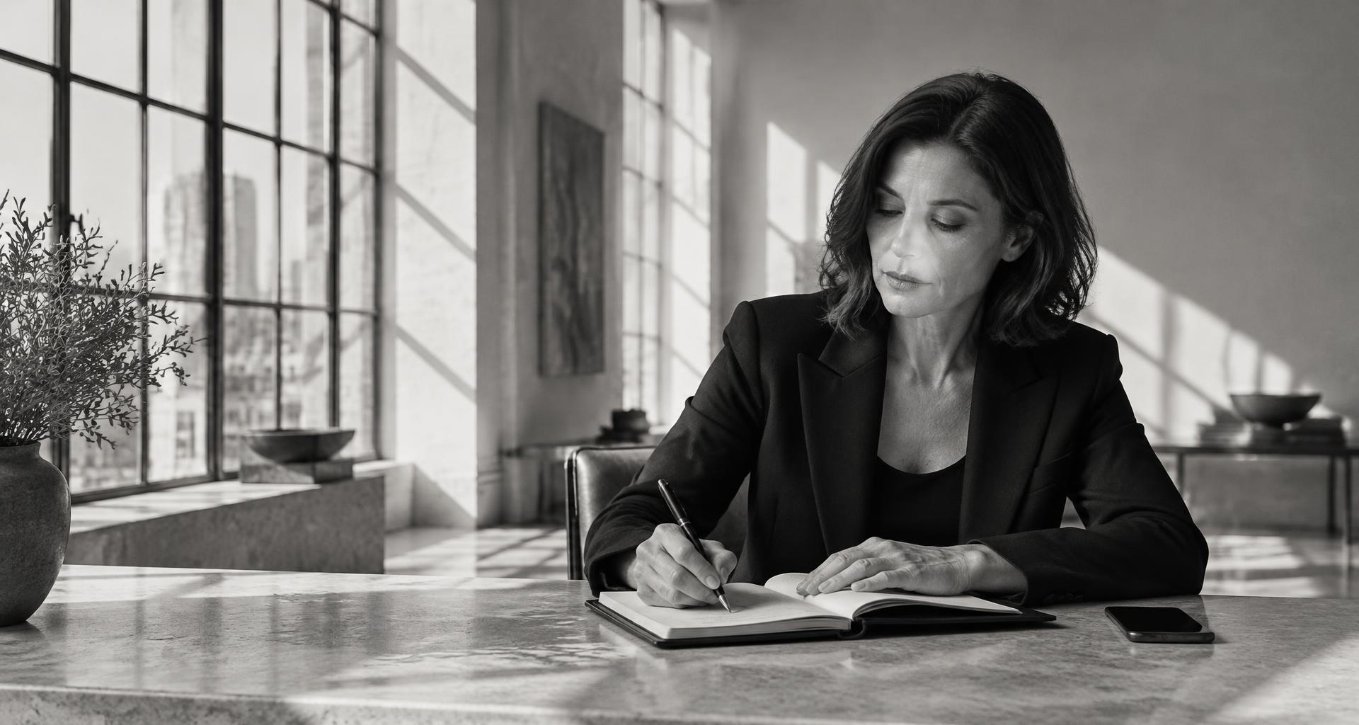 A woman entrepreneur in black tailoring writing in her journal at a sunlit stone desk, her phone beside her